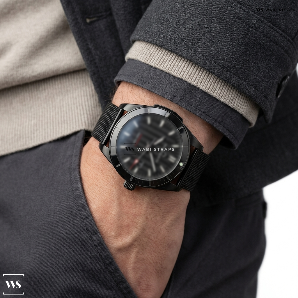 Black Fine Metal Link Metal Watch Bracelet on Norqain Carbon Fiber Dial