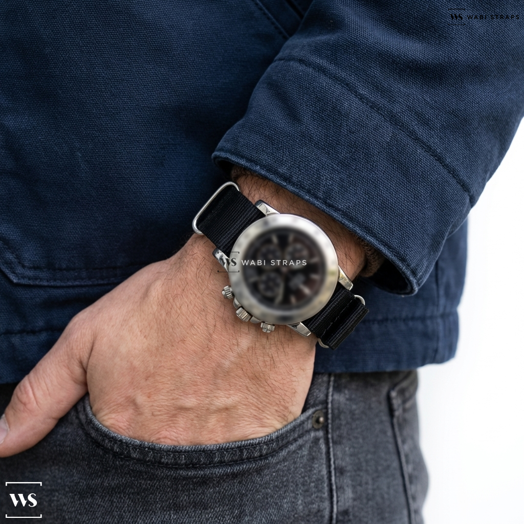 Black Solid Plain Nylon Watch Strap on Zenith Elprimero Automatic Tachymeter