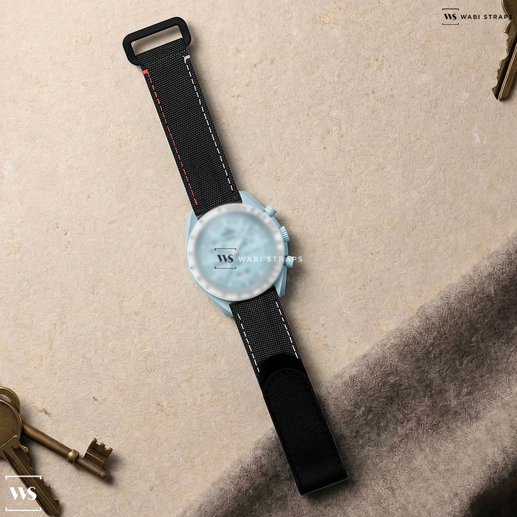 Black Hybrid Leather Watch Strap on MOONSWATCH MISSION TO URANUS