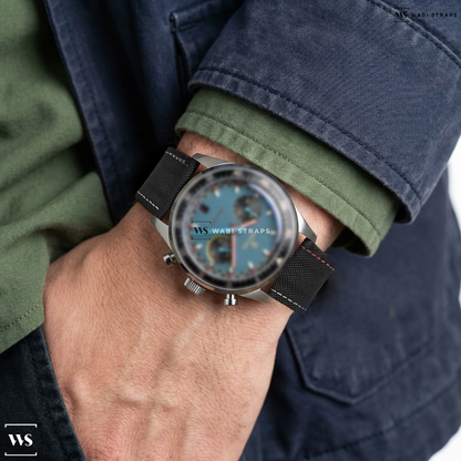 Black Hybrid Leather Watch Strap on Nivada Grenchen x Worn & Wound Datomaster VK64