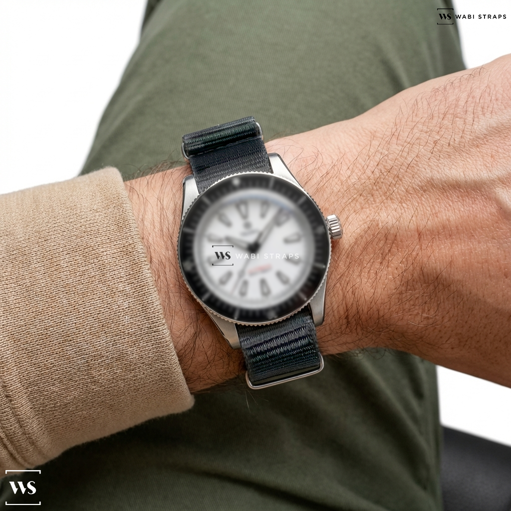 Black/Grey Camouflage Nylon Watch Strap on Traska Freediver Arctic White