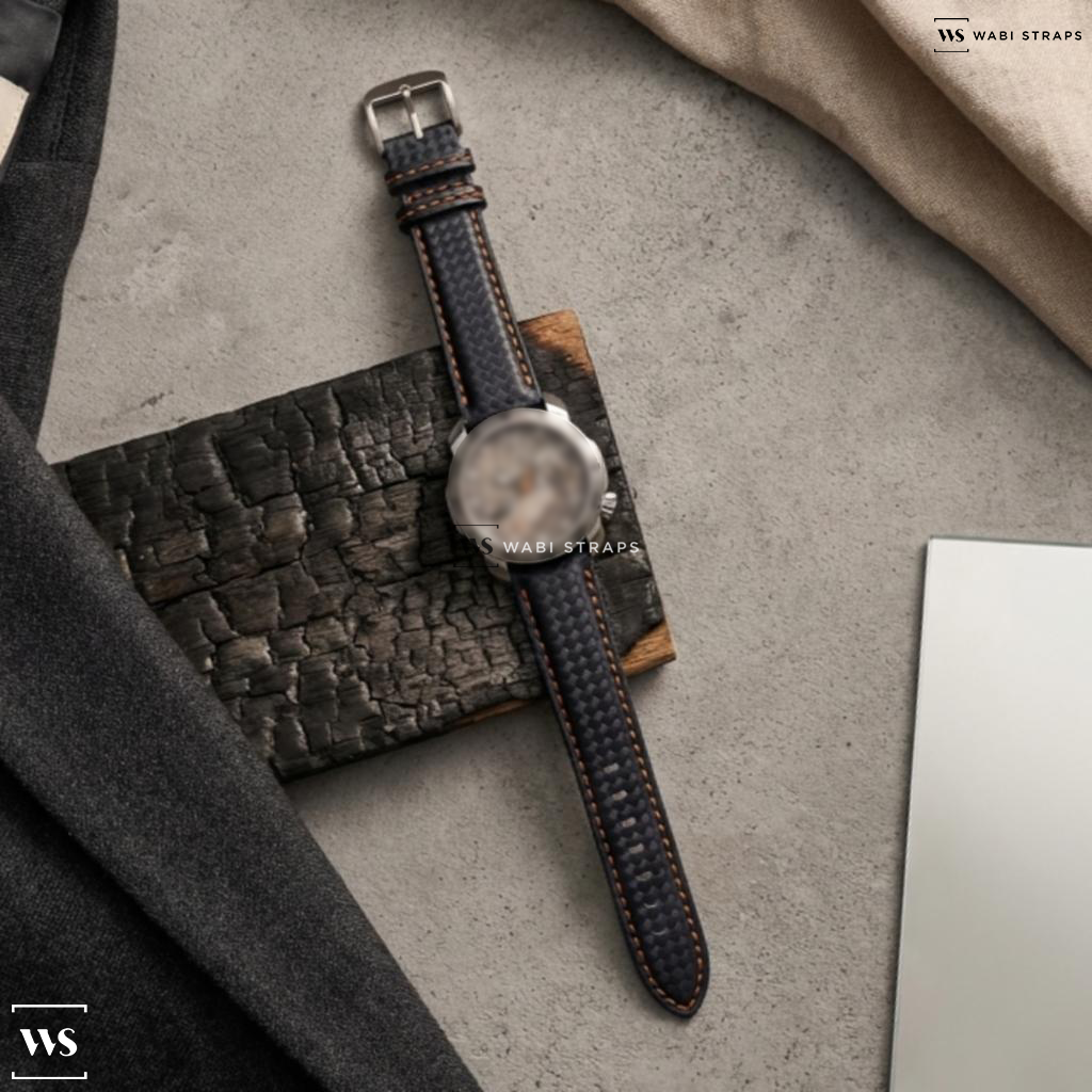 Black/Orange Carbon Fibre Leather Watch Strap on Sarpaneva Sarpaneva X Moomin Limited Edition