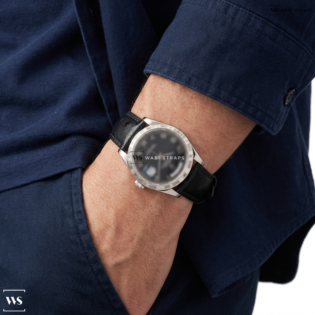 Black Ostrich Grain Leather Watch Strap on Rolex Day Date 118205 Black Dial 18K Rose Gold / Oyster