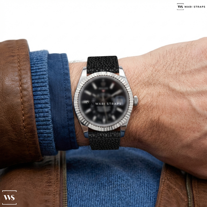 Black Stingray Grain Leather Watch Strap on Rolex Sky Dweller 326934 Steel Black SS Oyster Bracelet