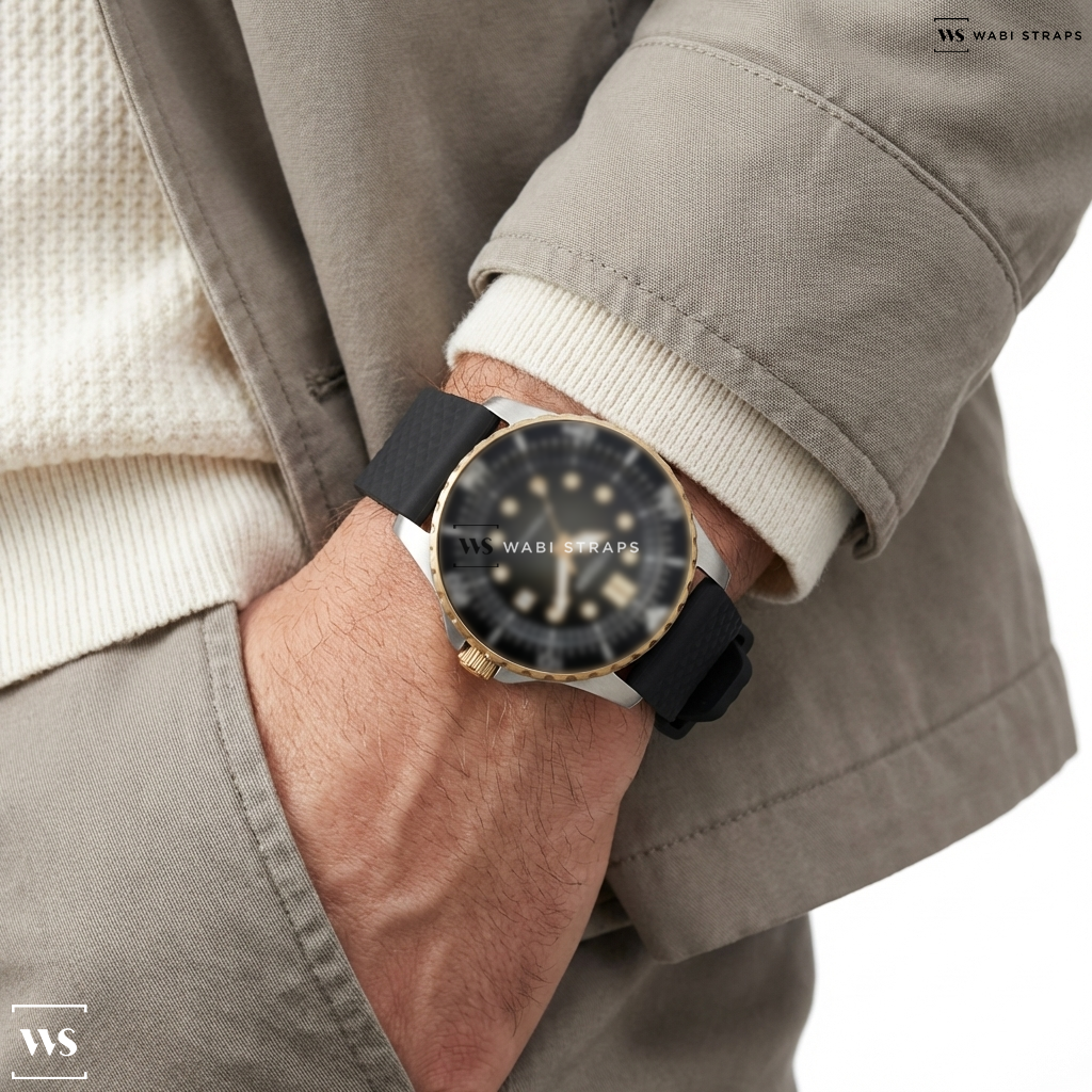 Black Textured Rubber Watch Strap on CITIZEN NJ0176-10E MECHANICAL MEN WATCH