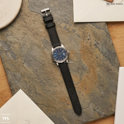 Black Smooth Leather Watch Strap on Rolex Sky Dweller 326934 Steel Blue SS / Jubilee