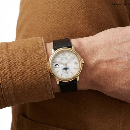 Black Smooth Leather Watch Strap on Blancpain 2100 Triple Date Leman Moonphase 18k Yellow Gold