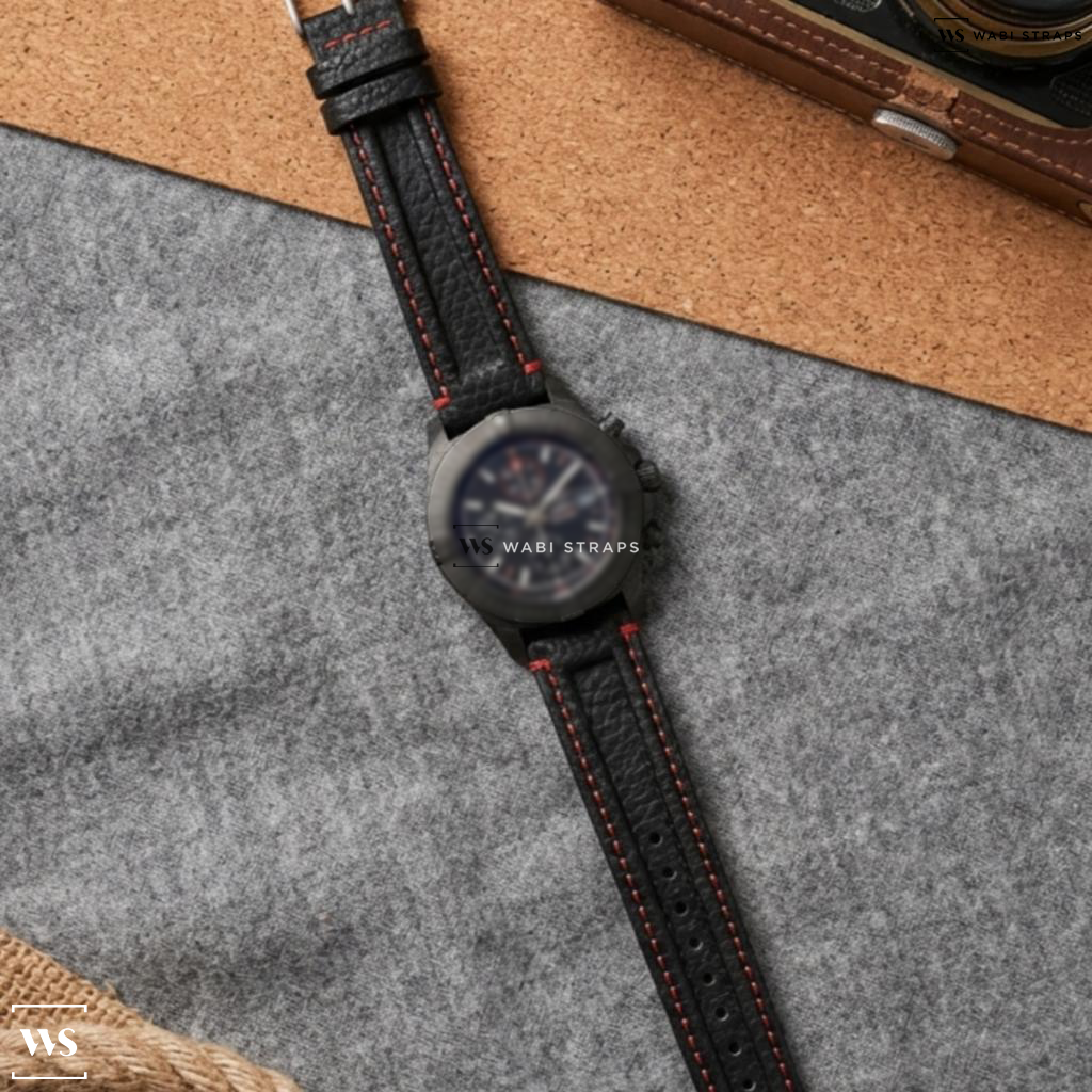 Black/Red Double Ridged Leather Watch Strap on Breitling Colt Chronograph Automatic Black Steel/Textile 44mm