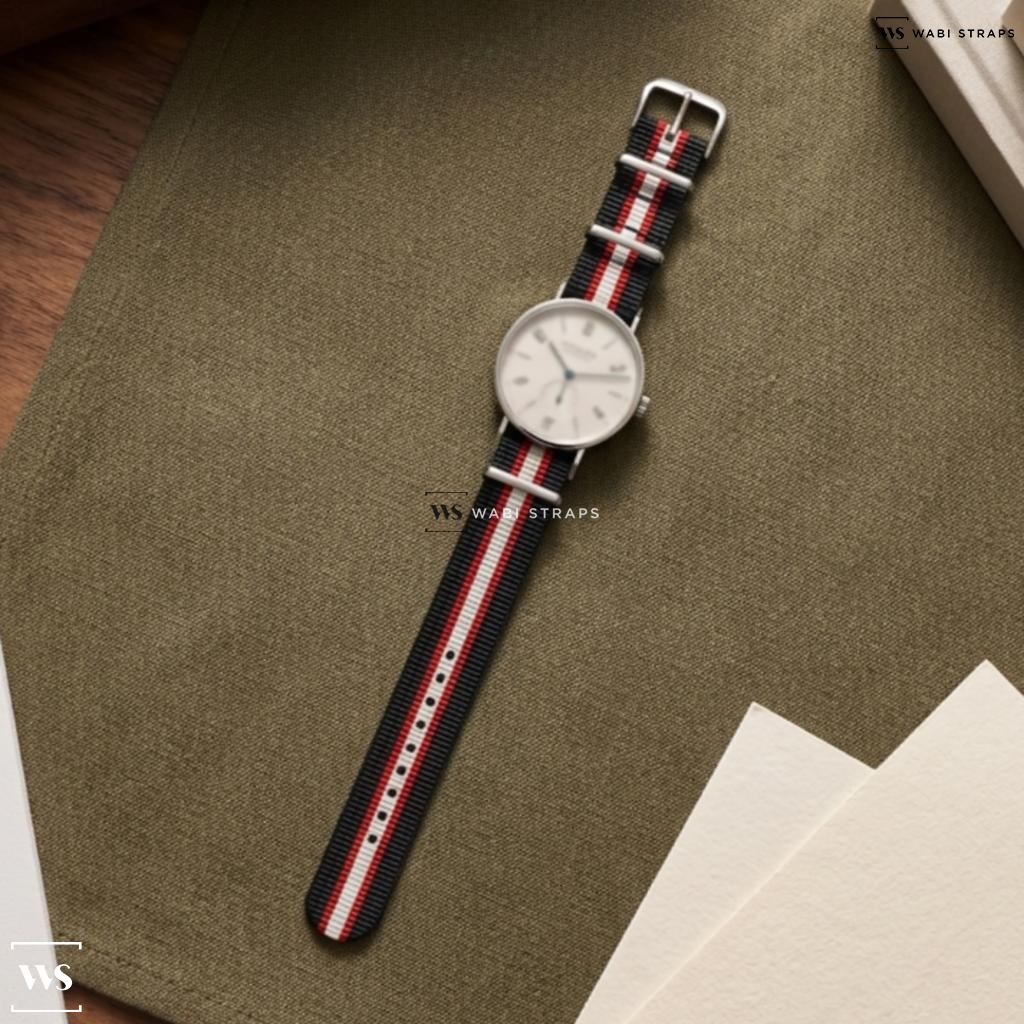 Black/Red/White 2 Thick 3 Thin Stripes Nylon Watch Strap on Nomos Glashutte Tangente 41 Neomatik