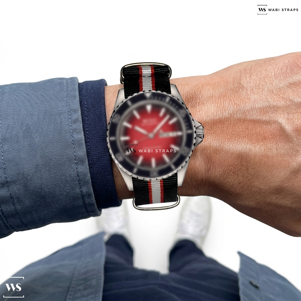 Black/Red/White 2 Thick 3 Thin Stripes Nylon Watch Strap on Mido Ocean Star Tribute
