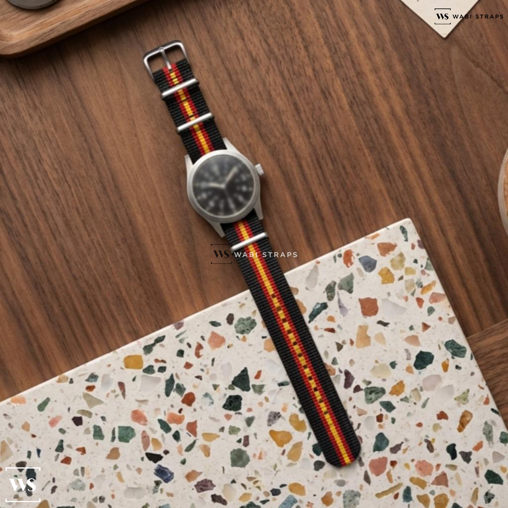 Black/Red/Yellow 2 Thick 3 Thin Stripes Nylon Watch Strap on Benrus 3061 Field Watch Reedition