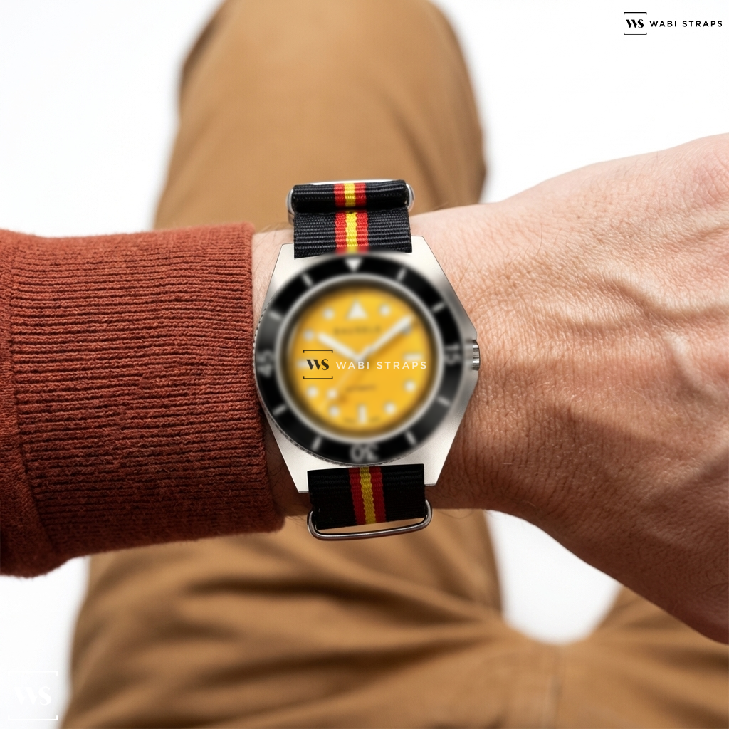 Black/Red/Yellow 2 Thick 3 Thin Stripes Nylon Watch Strap on ENDLESS SUNRISE | GOOD VIBES YELLOW – BAUSELE