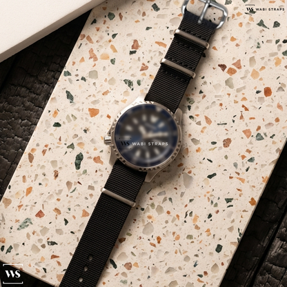 Black Ribbed Nylon Watch Strap on Citizen Promaster Dive Automatic "Fugu"