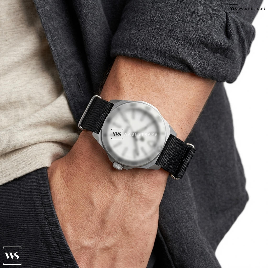 Black Ribbed Nylon Watch Strap on RZE RESOLUTE Pro - White Enamel