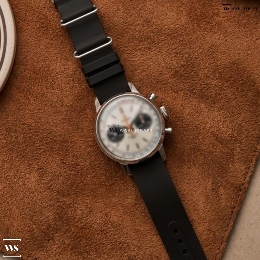 Black Textured Matte Rubber Watch Strap on Vintage Helbros Invincible Chronograph