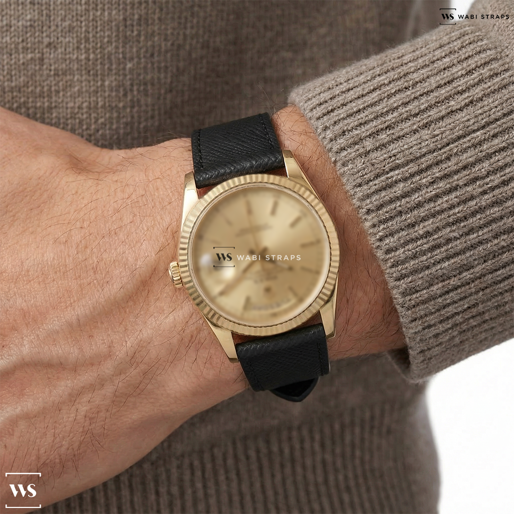 Black Cross Hatch Leather Watch Strap on Rolex Day-Date YG/YG Gold Tapestry Dial