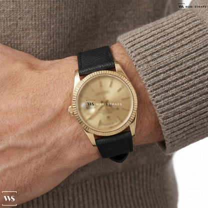 Black Cross Hatch Leather Watch Strap on Rolex Day-Date YG/YG Gold Tapestry Dial