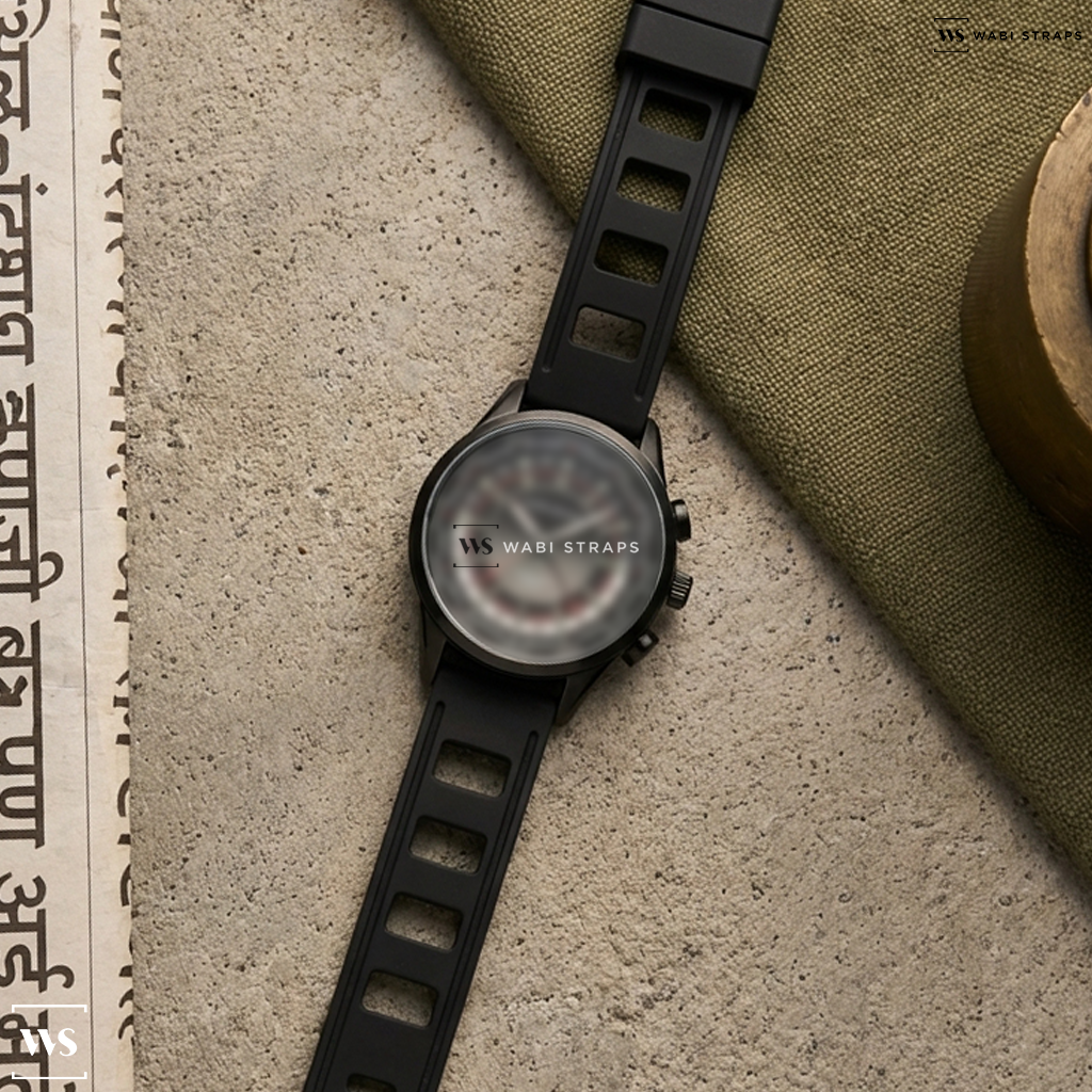 Black Perforated Rubber Watch Strap on Raymond Weil Freelancer GMT Worldtimer
