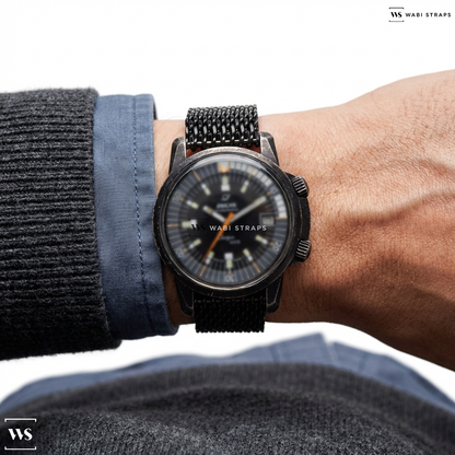 Black Thick Metal Link Metal Watch Bracelet on Enicar Sherpa OPS Black Dial Super Compressor