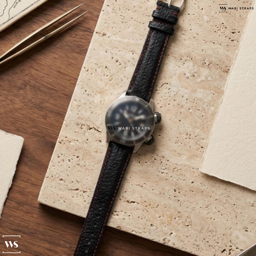 Black Shark Grain Leather Watch Strap on Jaeger LeCoultre Master Compressor Diving Navy Seals Alarm / Rubber Bracelet
