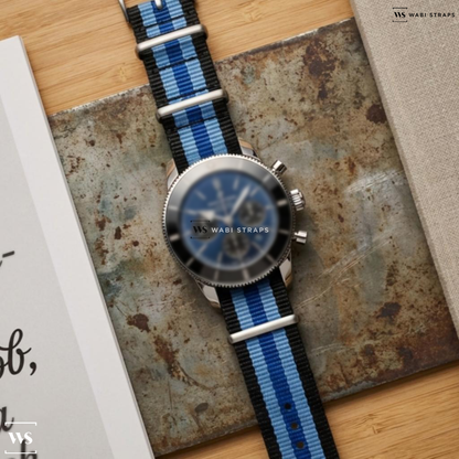 Black/Blue 5 Stripes Nylon Watch Strap on Breitling Superocean Heritage B01 Chronograph 44 Blue Dial