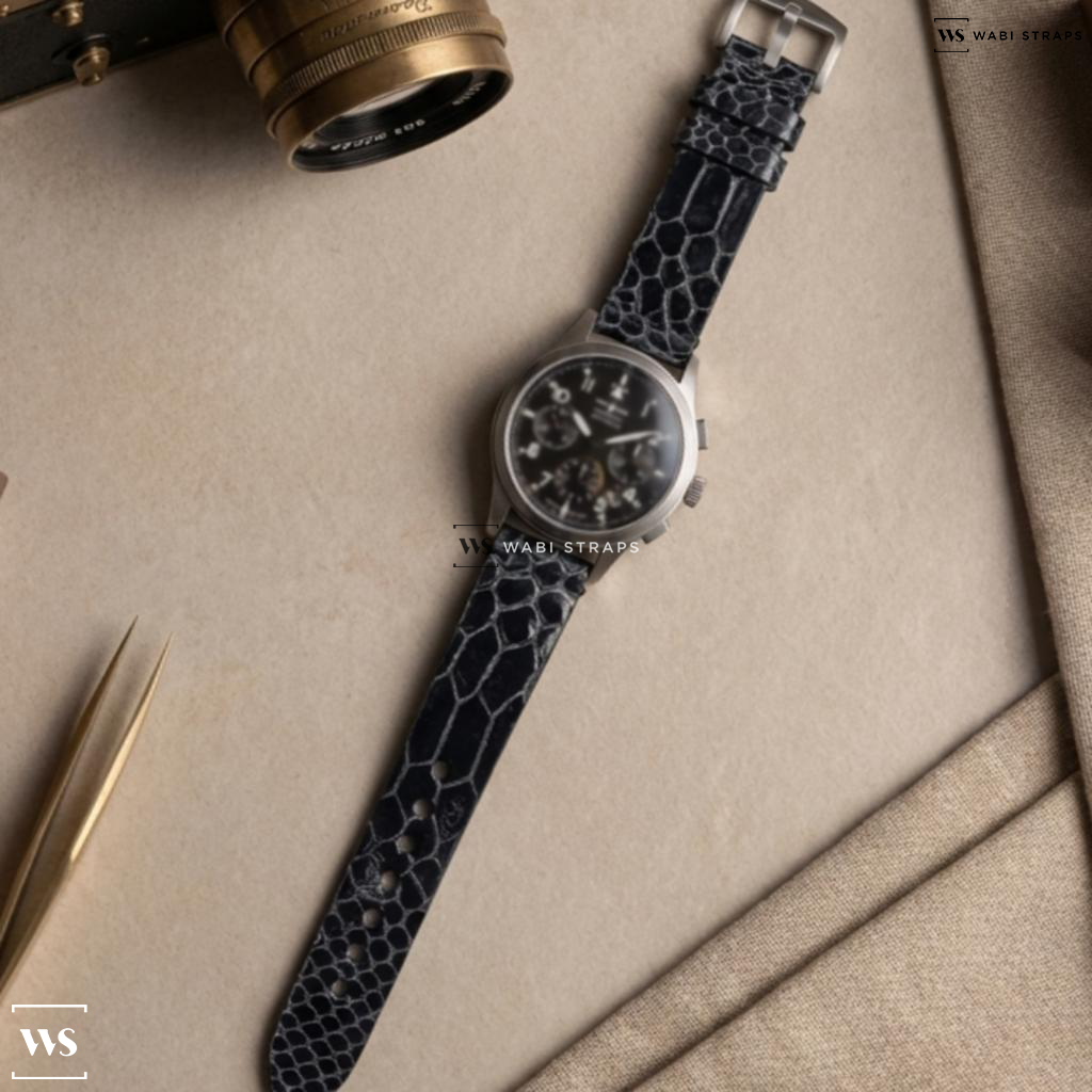Black Embossed Glossy Rubber Watch Strap on Wempe Chronograph Zeitmeister