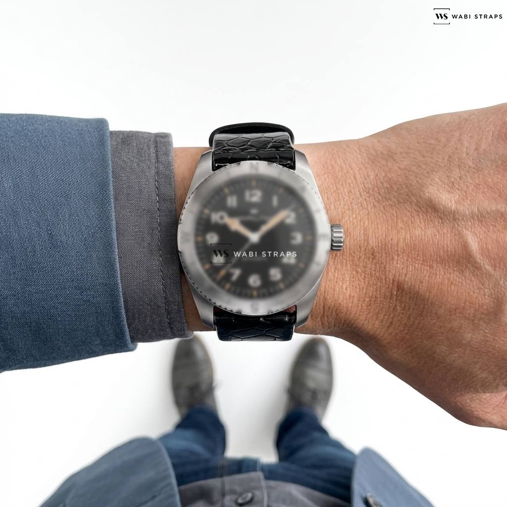 Black Embossed Glossy Rubber Watch Strap on Hamilton Compass Bezel