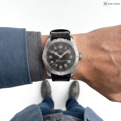 Black Embossed Glossy Rubber Watch Strap on Hamilton Compass Bezel