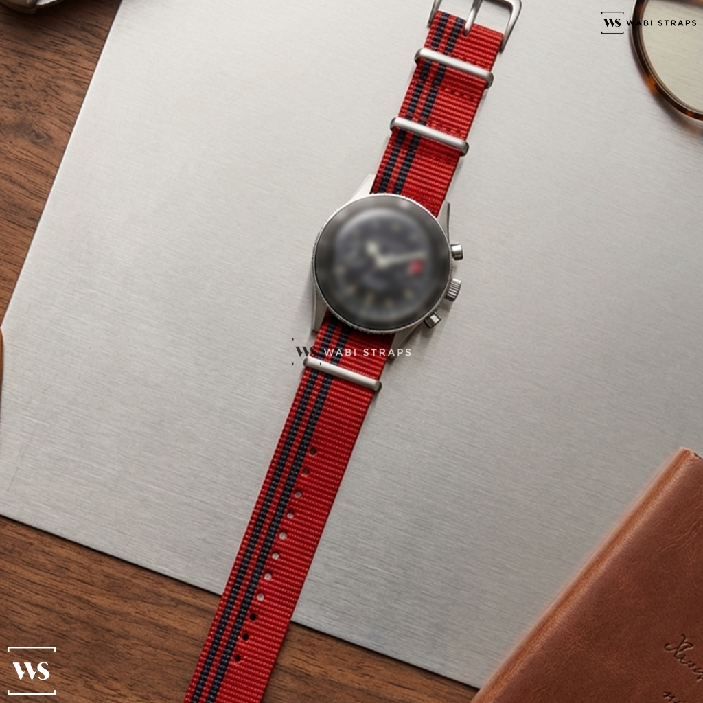 Black/Red 2 Side Stripes Nylon Watch Strap on Nivado Grenchen Chronomaster Aviator Seadiver