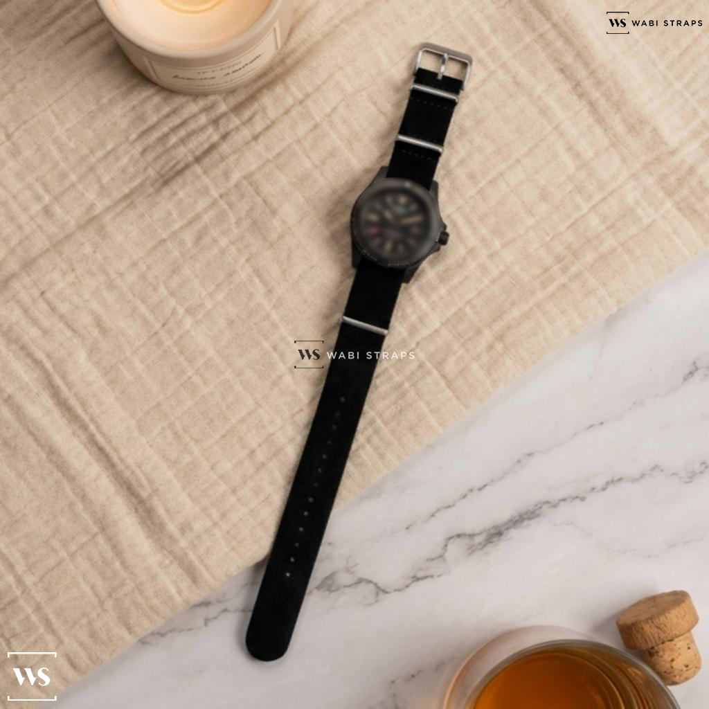 Black Fuzzy Grain Leather Watch Strap on Breitling Avenger Blackbird 44 Automatic Men's Watch