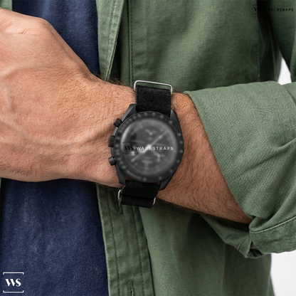 Black Fuzzy Grain Leather Watch Strap on MOONSWATCH MISSION TO THE MOONPHASE - NEW MOON