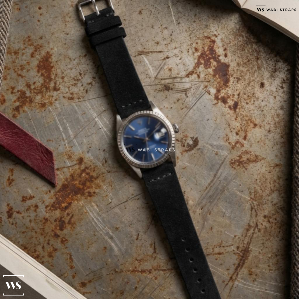Black Fuzzy Grain Suede Watch Strap on Rolex Datejust Blue Dial