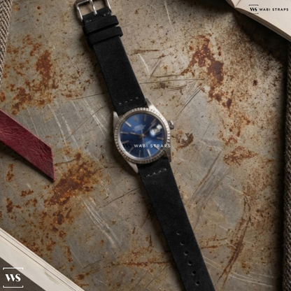 Black Fuzzy Grain Suede Watch Strap on Rolex Datejust Blue Dial