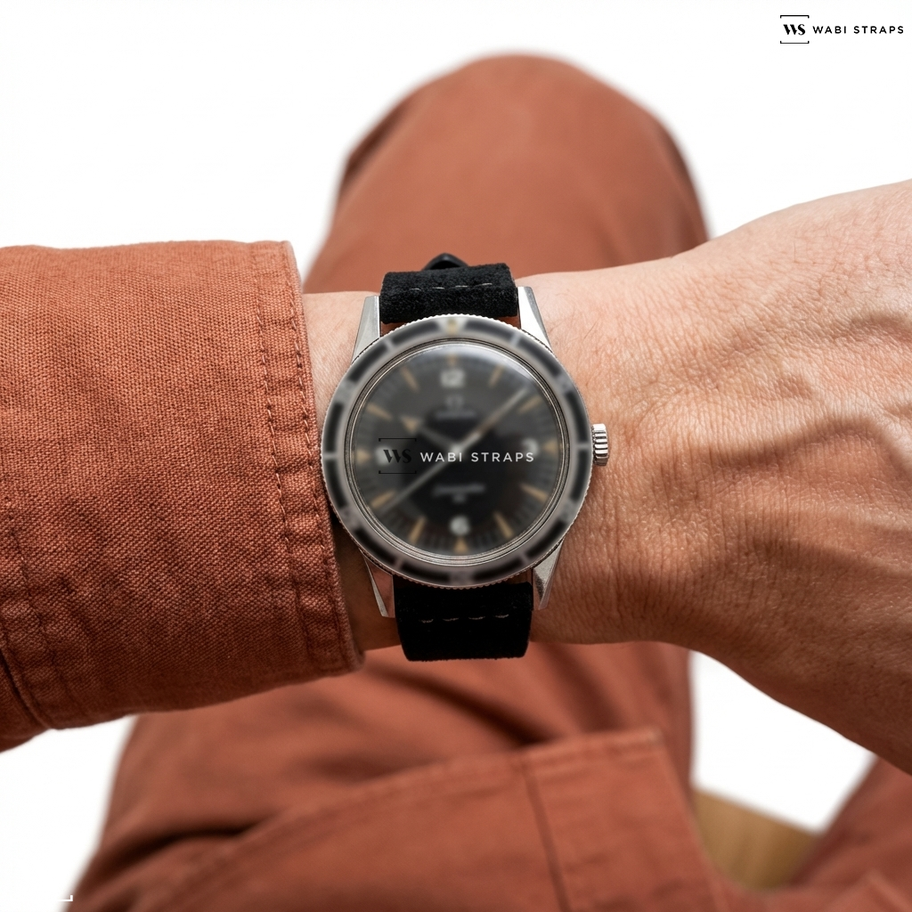 Black Fuzzy Grain Suede Watch Strap on Omega Seamaster 30