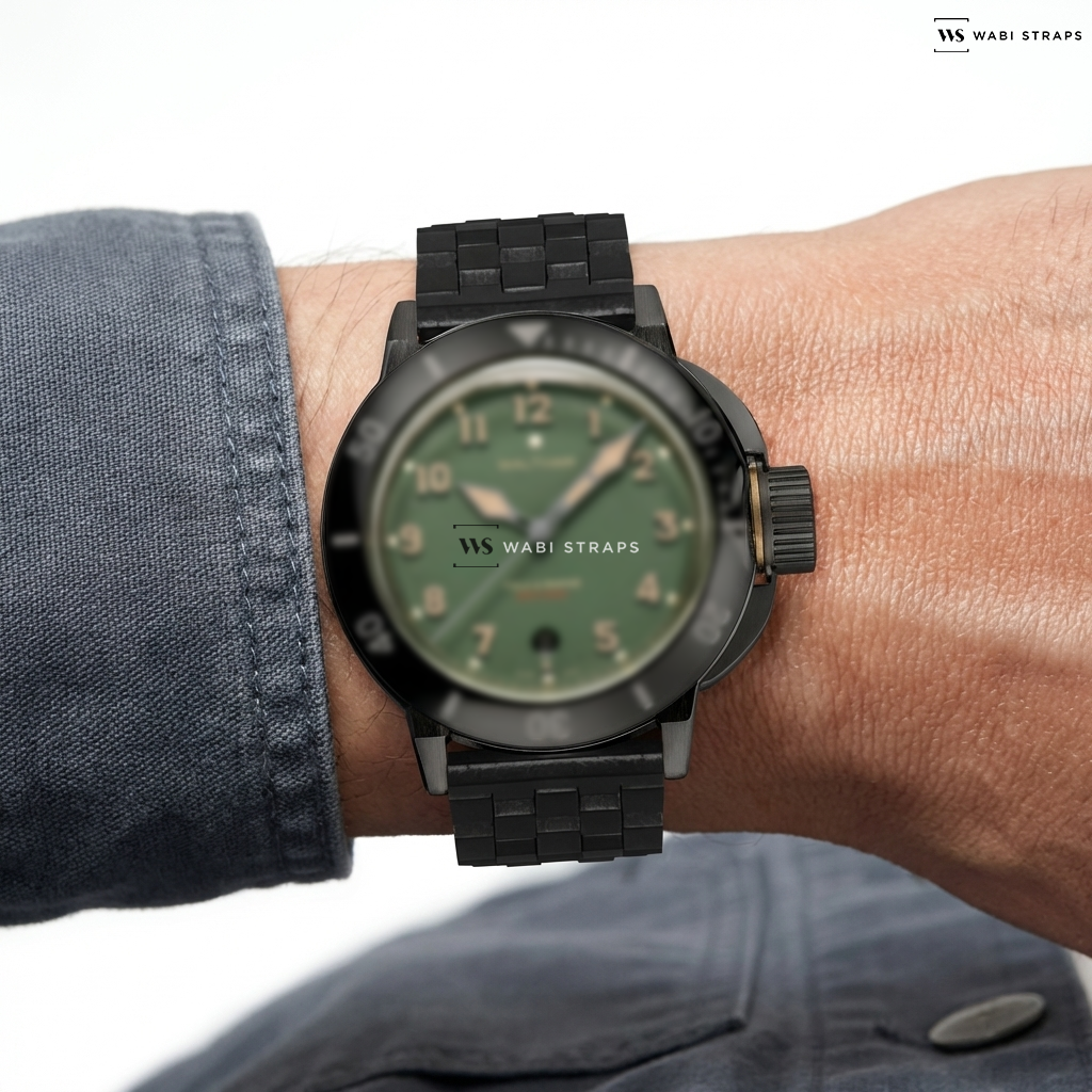 Black Brick Metal Watch Bracelet on Waltham Field & Marine Gunmetal Military