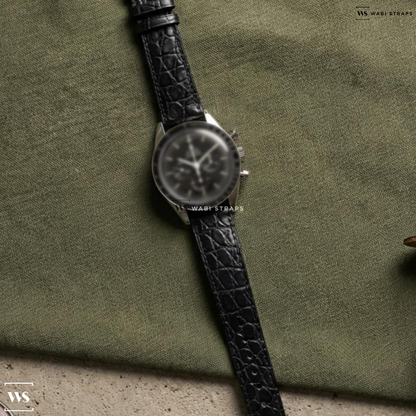 Black Alligator Embossed Grain Leather Watch Strap on Omega FOIS Reissue