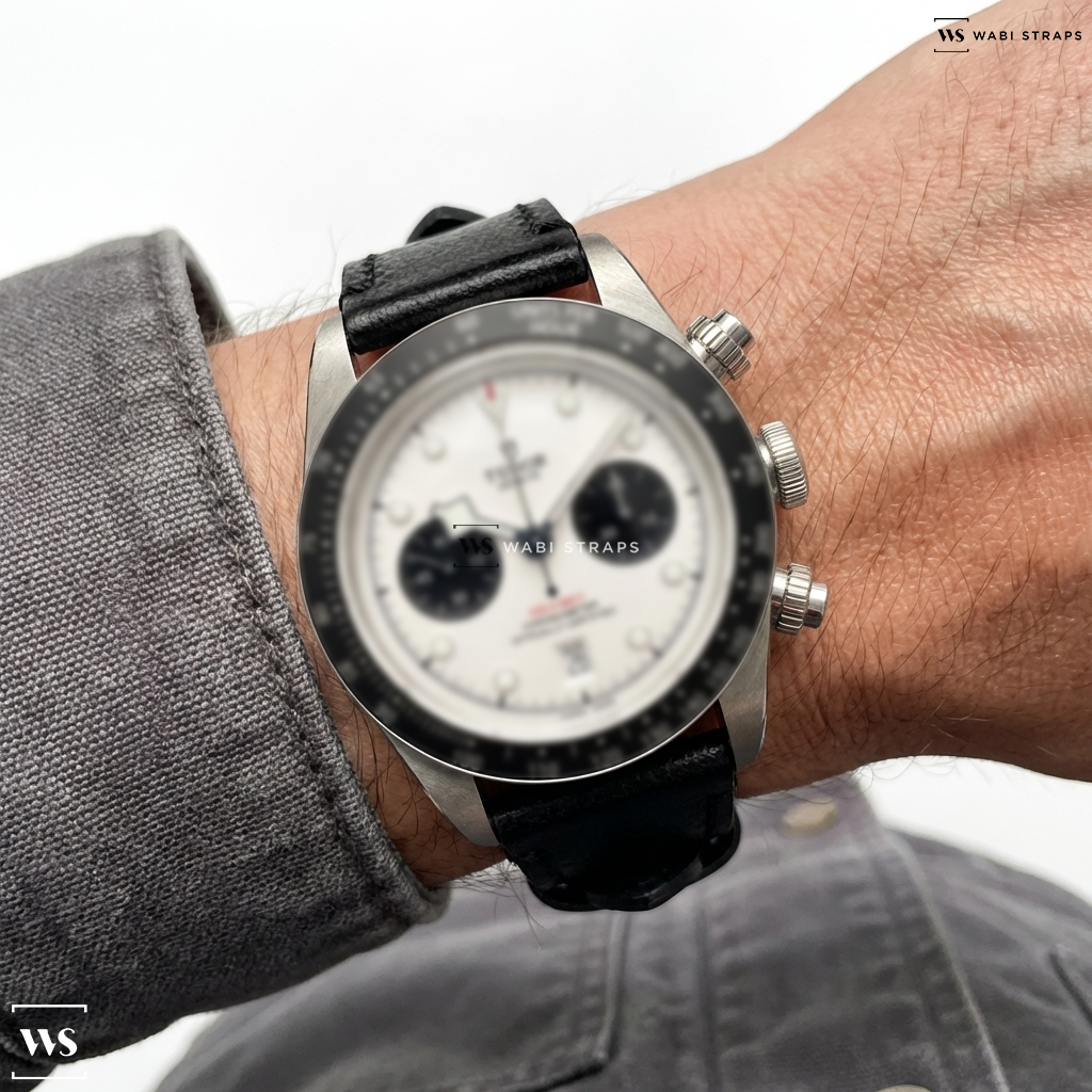 Black Matte Leather Watch Strap on Tudor Black Bay Chronograph