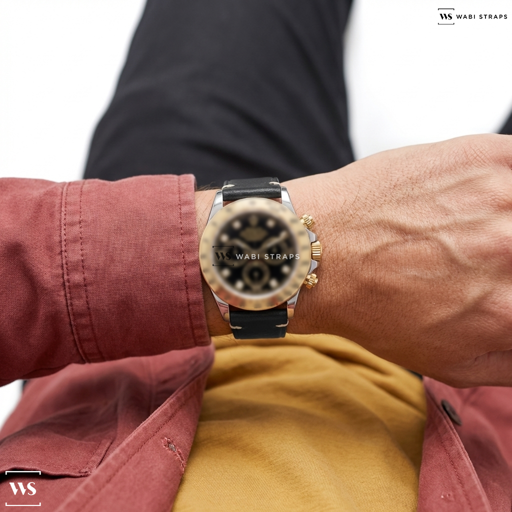 Black Oiled Leather Watch Strap on Rolex Daytona Black Diamond Dial 18K Yellow Gold / SS