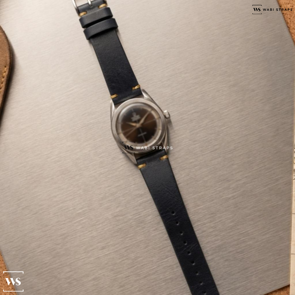 Black Smooth Matte Leather Watch Strap on Universal Geneve Polerouter Black Dial
