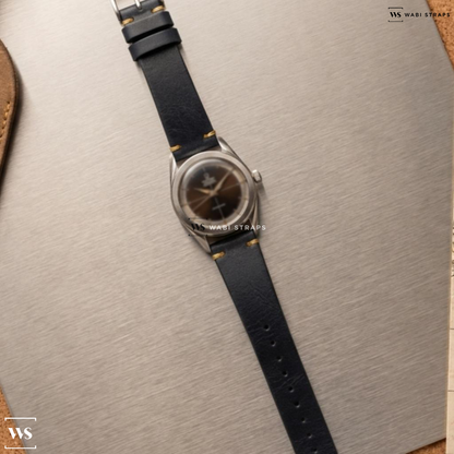 Black Smooth Matte Leather Watch Strap on Universal Geneve Polerouter Black Dial