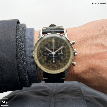 Black Smooth Matte Leather Watch Strap on Breitling Navitimer 806