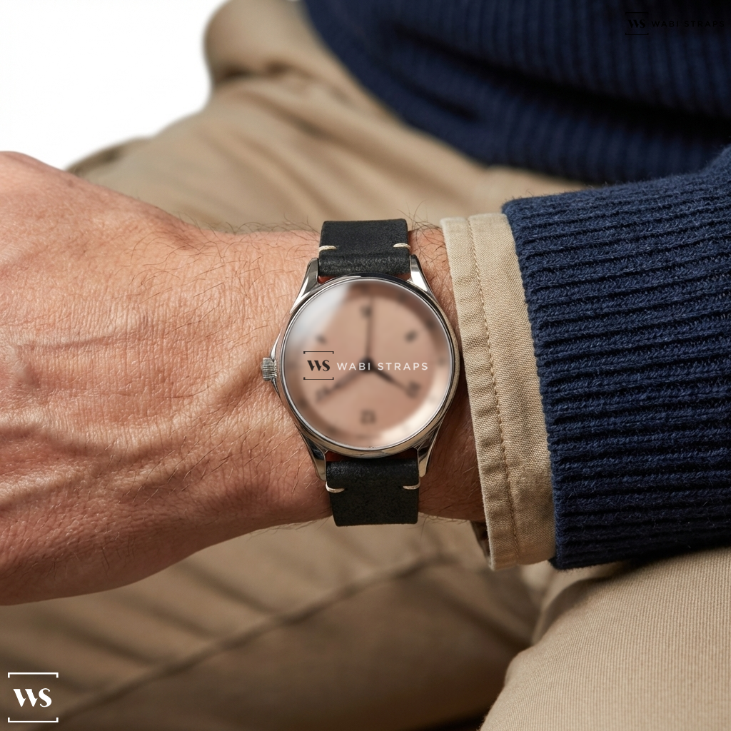 Black Fuzzy Grain Leather Watch Strap on anOrdain Model 1 Precious Metal Series