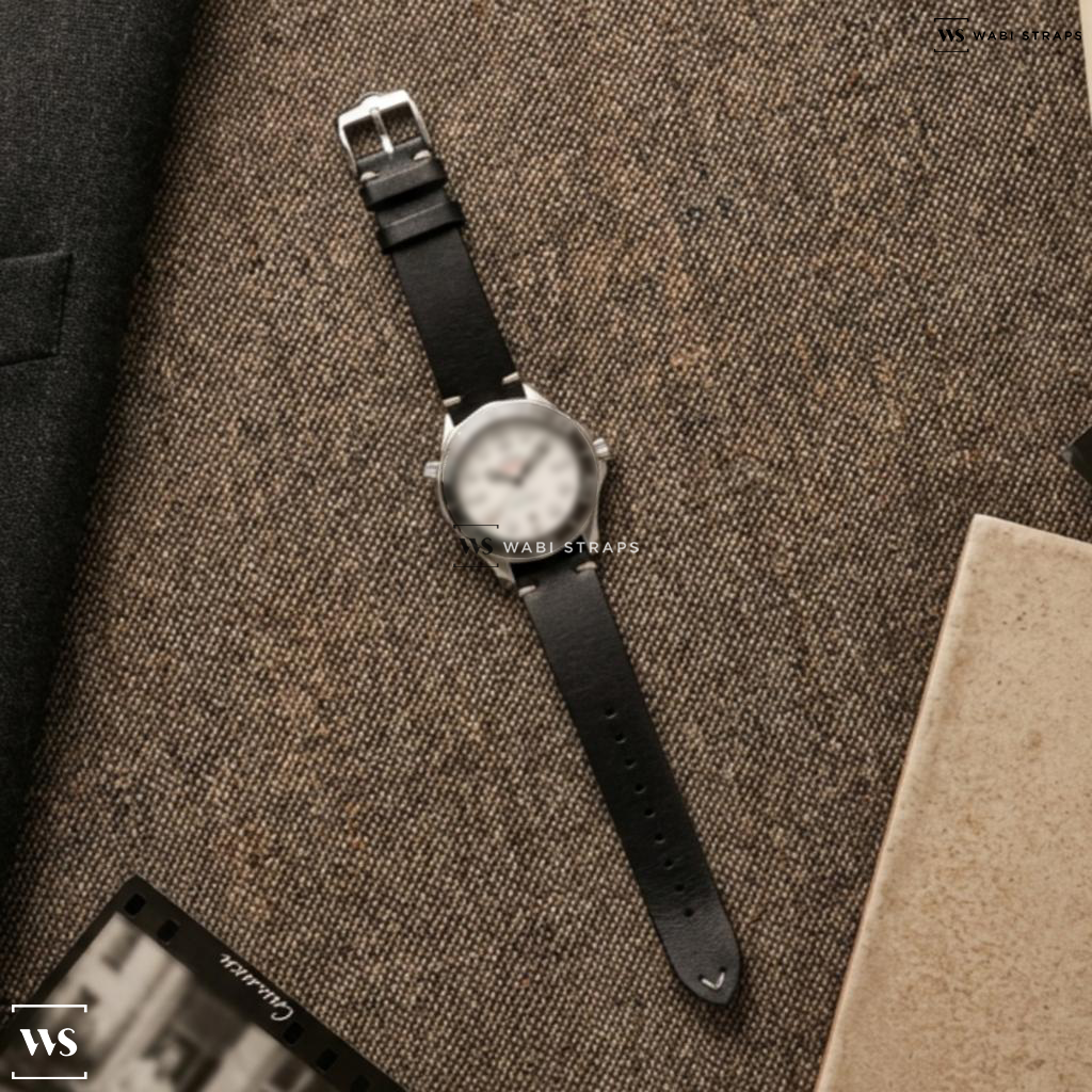 Black Waxed Leather Watch Strap on Omega Seamaster Diver 300