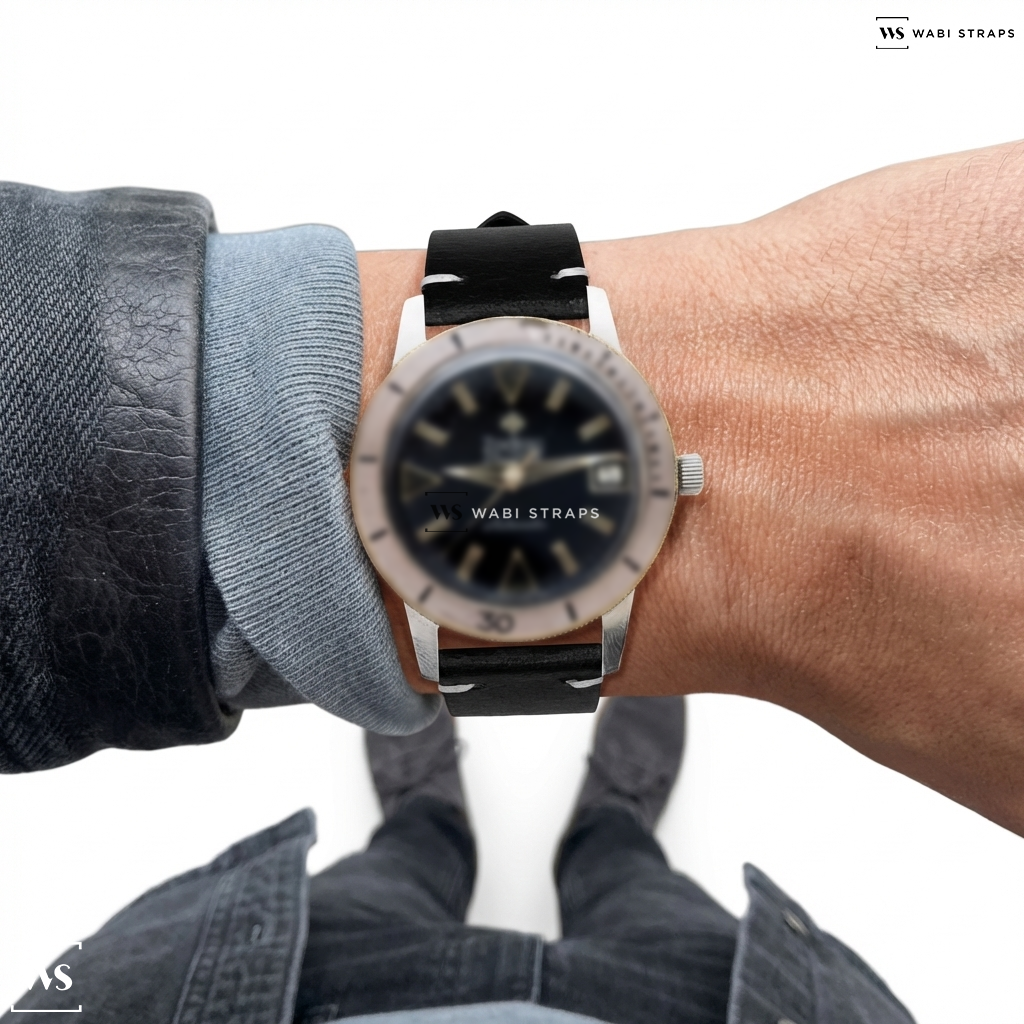 Black Waxed Leather Watch Strap on Zodiac Seawolf