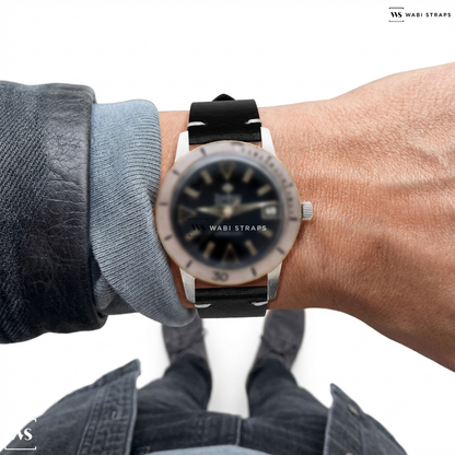 Black Waxed Leather Watch Strap on Zodiac Seawolf