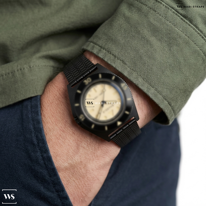 Black Railroad Metal Watch Bracelet on Bausele Sydney Diver | SAND