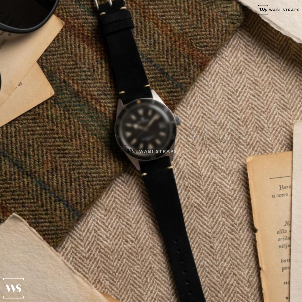 Black Fuzzy Grain Suede Watch Strap on Vintage Helbros Diver Self Winding
