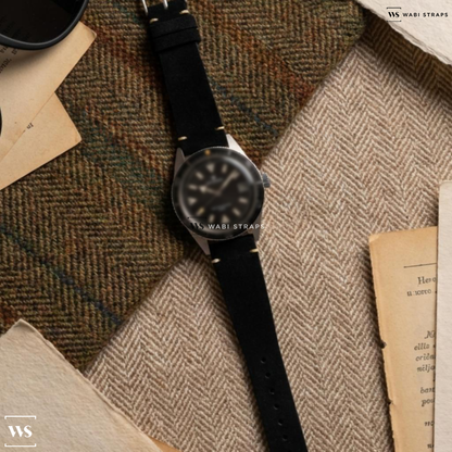 Black Fuzzy Grain Suede Watch Strap on Vintage Helbros Diver Self Winding