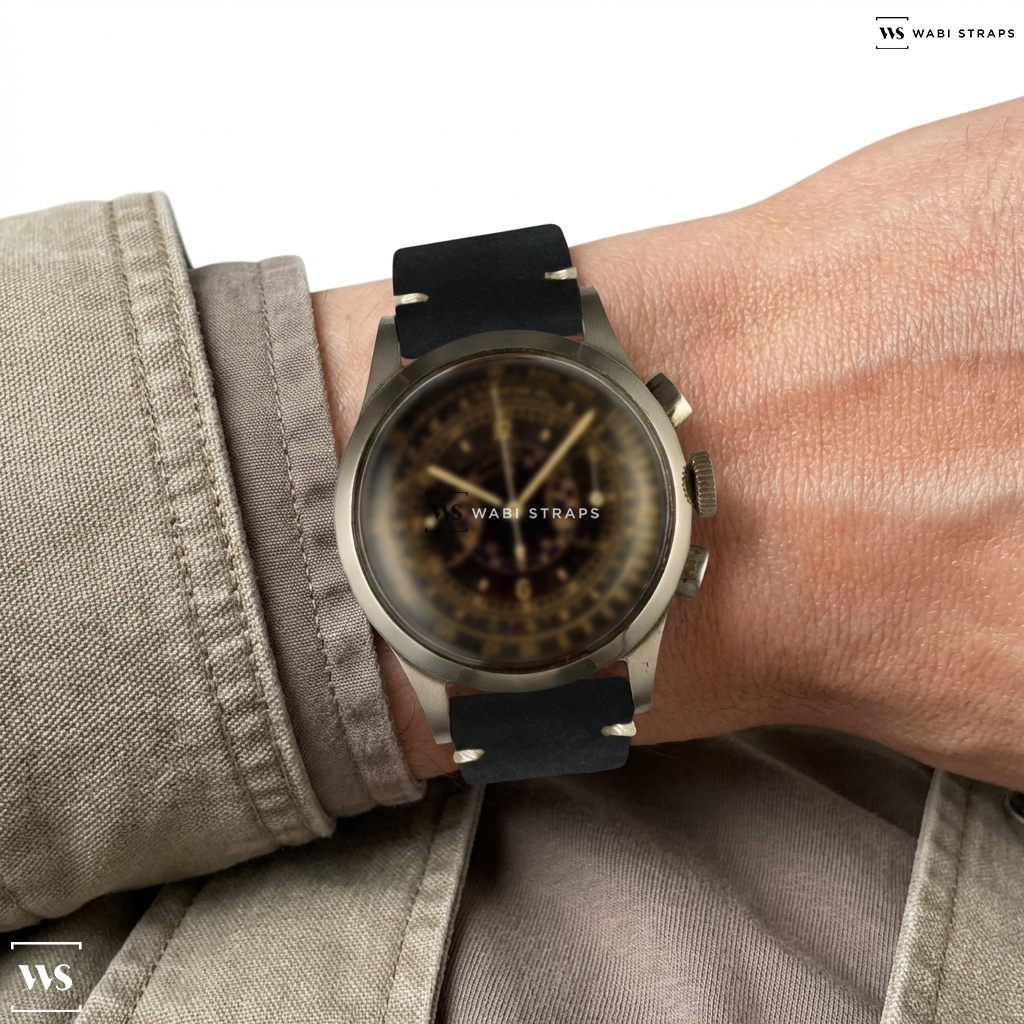 Black Fuzzy Grain Suede Watch Strap on Vintage Military Telemeter Snail Black Chronograph