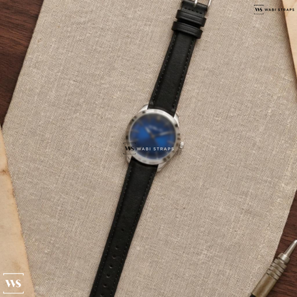 Black Aged Leather Watch Strap on H. Moser and Cie. Pioneer Center Seconds SS Funky Blue Fume